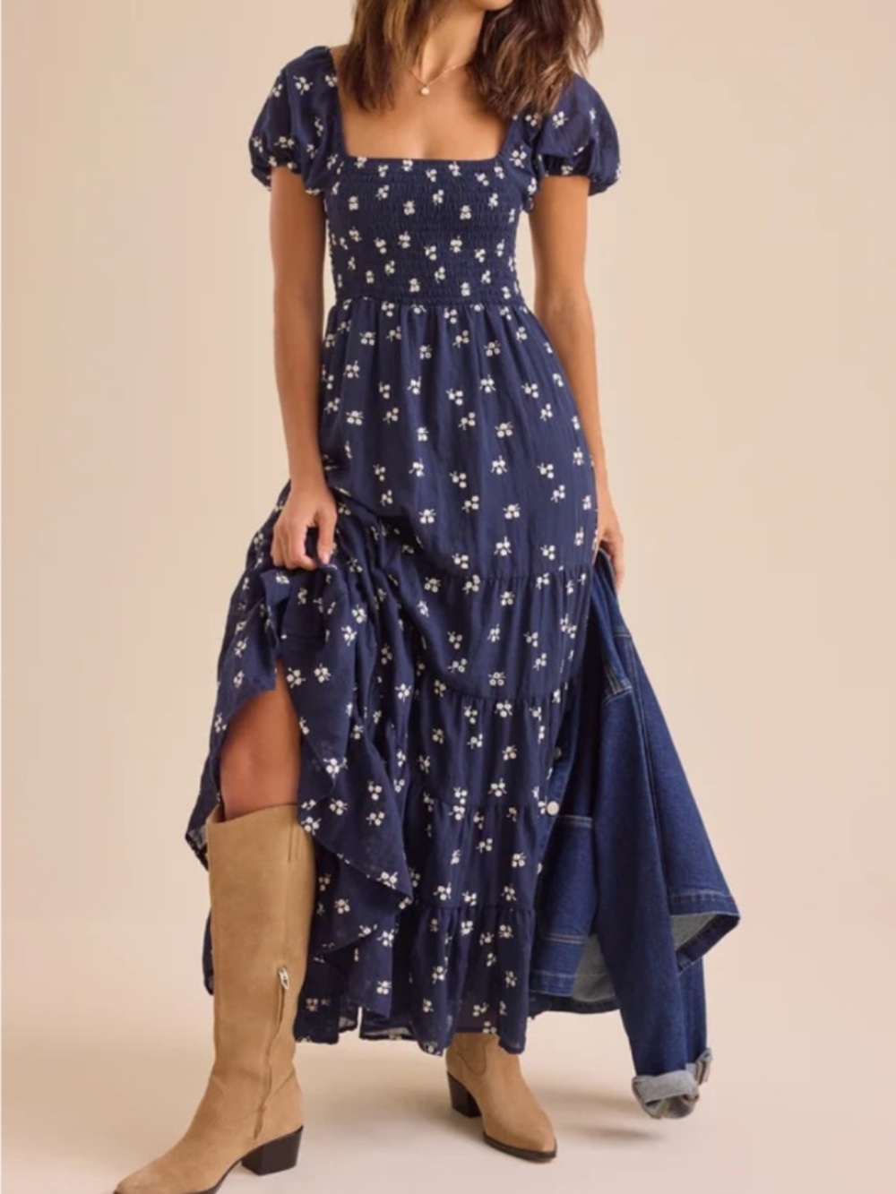 Altar’d state Oaklynn embroidered floral navy maxi dress puff sleeves sz s